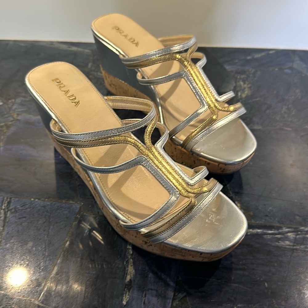 Women’s Prada platform sandals. Gold and Silver with Cork heels.